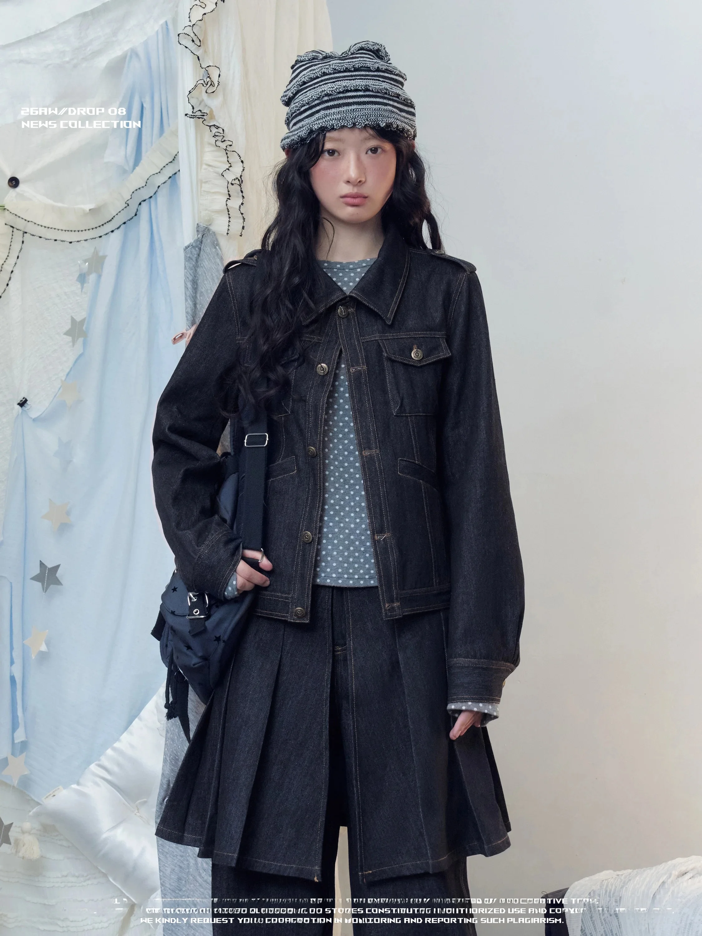 ANAMONE American Retro Style Women's Slim Fit Denim Jacket Collar up Short Coat Button Closure Cotton Polyester Blend Long Sl...
