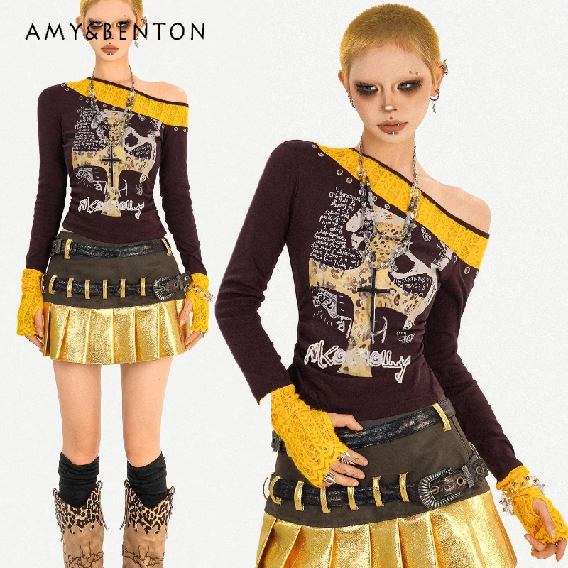 

Retro Design Sweet Cool Hot Girl Splicing Lace Long Sleeve Women's Top Autumn New Subculture Y2K Off-Shoulder Top T-Shirt Girl