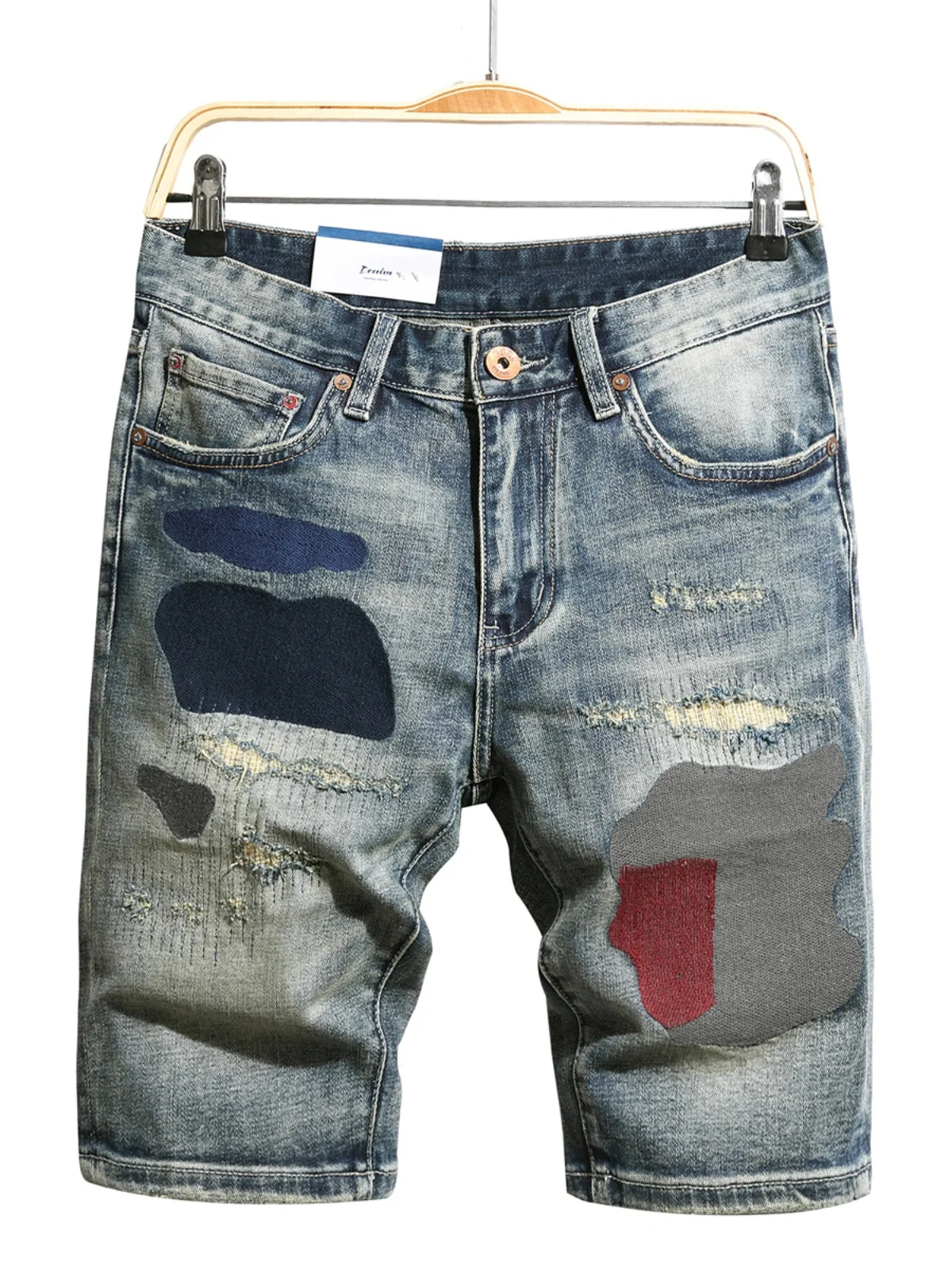 

Retro Distressed Denim Shorts for Men Patchwork Embroidered Slim Straight Casual Youth Summer Blue Jeans Brand Cigarette Pants