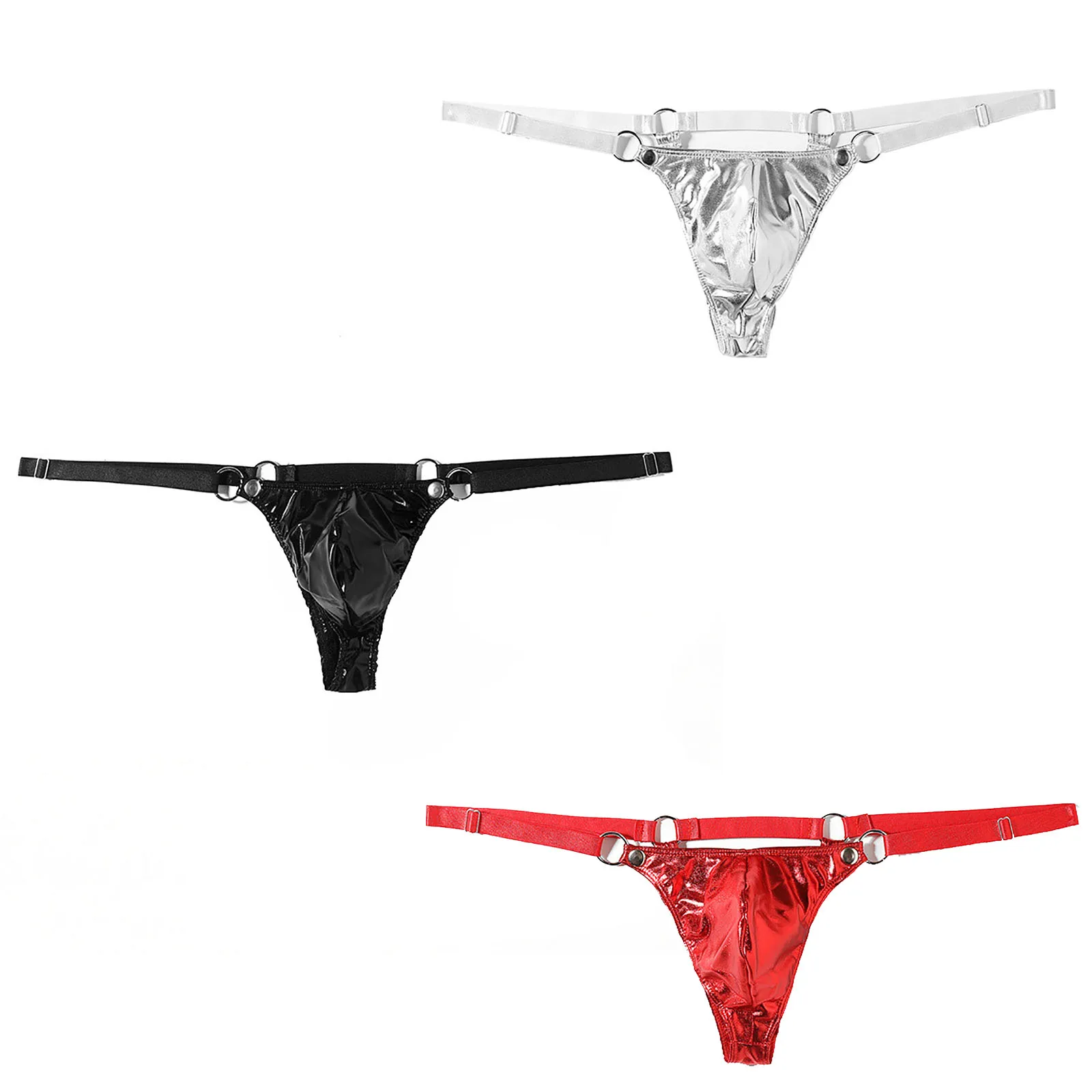 

Mens Metallic Shiny Mini Briefs Bulge Pouch O-ring Waistband Cutout Back G-string Thongs Jockstraps Underwear for Nightclub