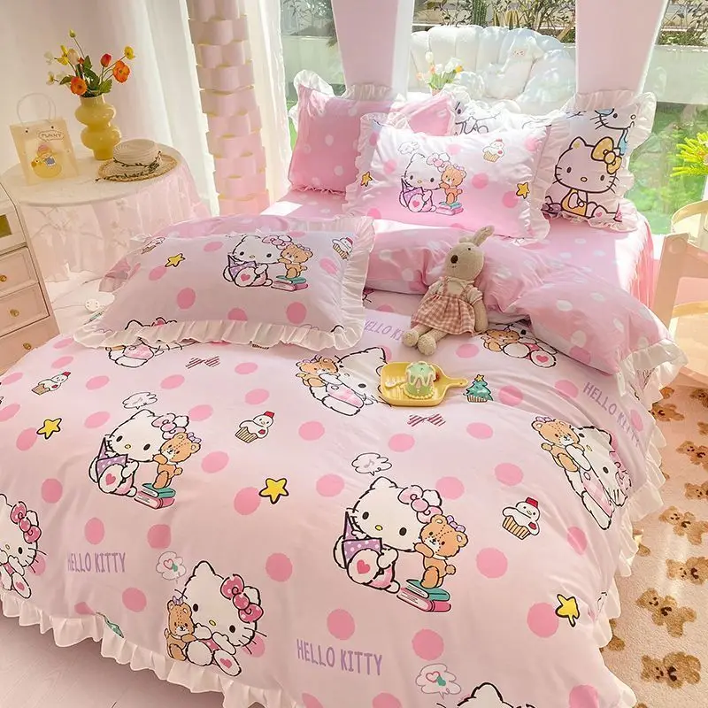 Hello Kitty Lace Cotton Bedding 4Pcs Cartoon Sanrio Bedding Sheets Quilt Cover Pillowcase Student Dormitory 3-Piece Set