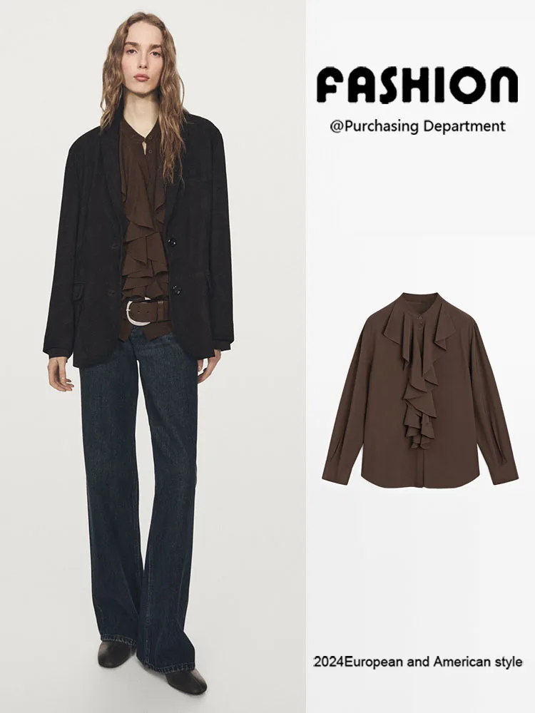 

Spring New Arrival Women's Commute Long Sve irt Draped Hem Collar Top ZA2026 Ele Lady's Faion Outerwear