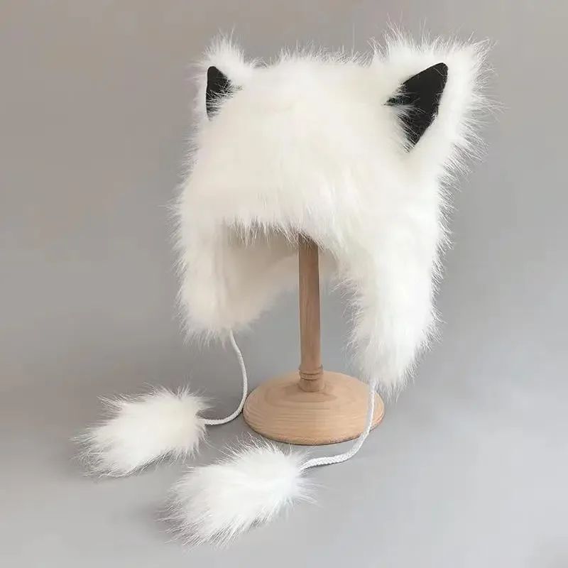 Kawaii Fluffy Cat Ear Fox Beanies Cap Funny Anime Hat Plush Faux Fur Cute Animals Performance Cosplay Props Costume Party Hats