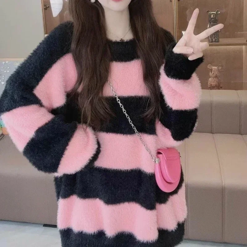 Pink Stripe Imitation Sable Velvet Dress for Women, Fluffy Fluffy Sweater, Loose Top, Thick and Fluffy, Warrior Wear, Winter