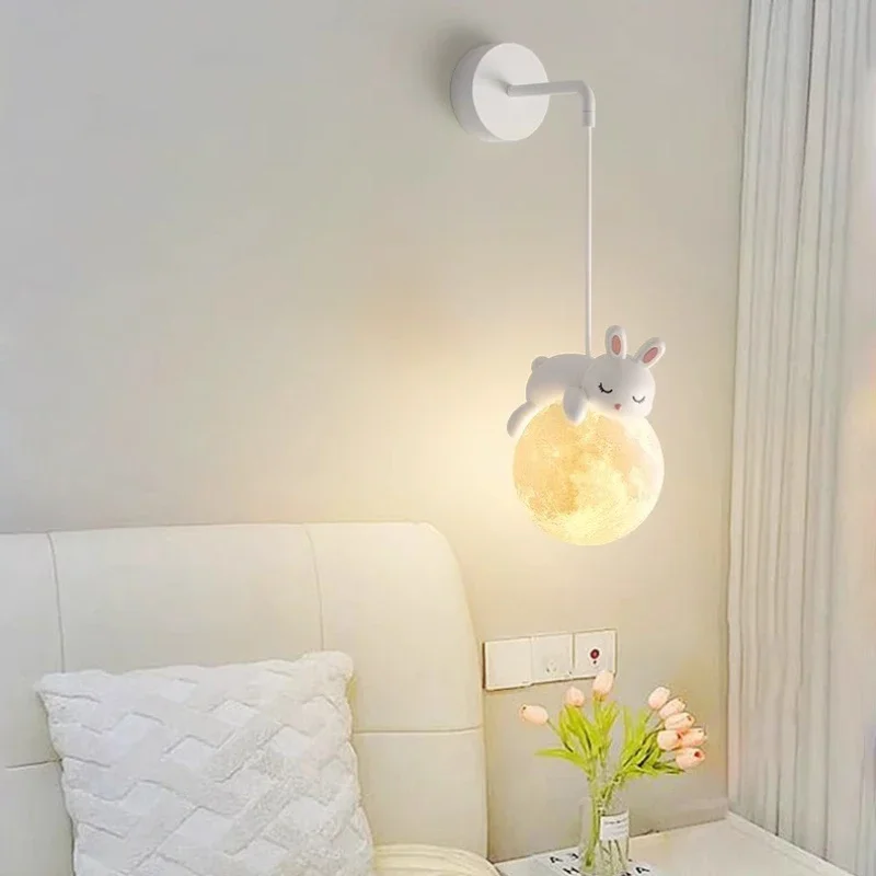 Cute Children's Room Bedside Wall Lamps White Bear White Rabbit Lamp Nordic Simple Boy Girl Bedroom Baby Room Decor Wall Lights