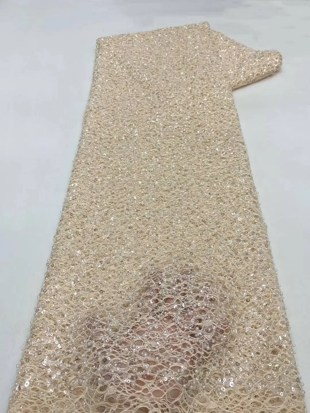 Rede de tule tecido de renda africana renda frisada 2025 alta qualidade ouro nigeria tecidos de lantejoulas para vestido de noite de casamento costura sz818