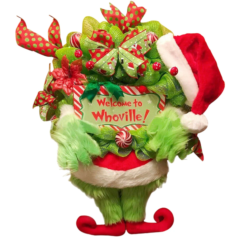 

Grinch Christmas Wreath Plush Green Hairy Monster Hanging Ornament Plush Grinch Leg Wreath Door Hanging New Year Decoration