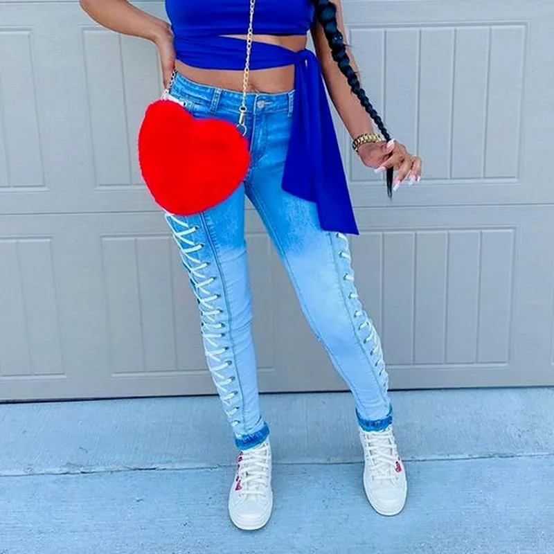 Side Bandage Jeans High Waist Pencil Denim Blue Vintage 2022 Street Fashion Indie Harajuku Skinny Pants Lace-up Pants Streetwear