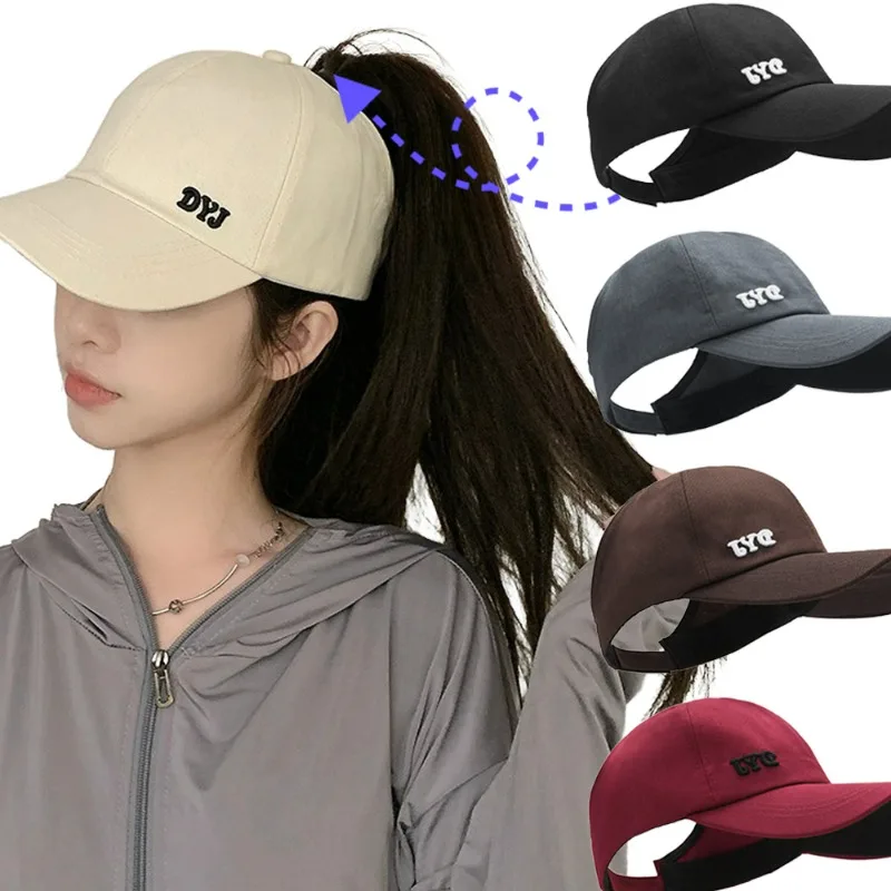 Solid Color High Ponytail Baseball Cap Quick Drying Elastic Strap Adjustable Letter Embroidery Women Running Sun Protection Hats