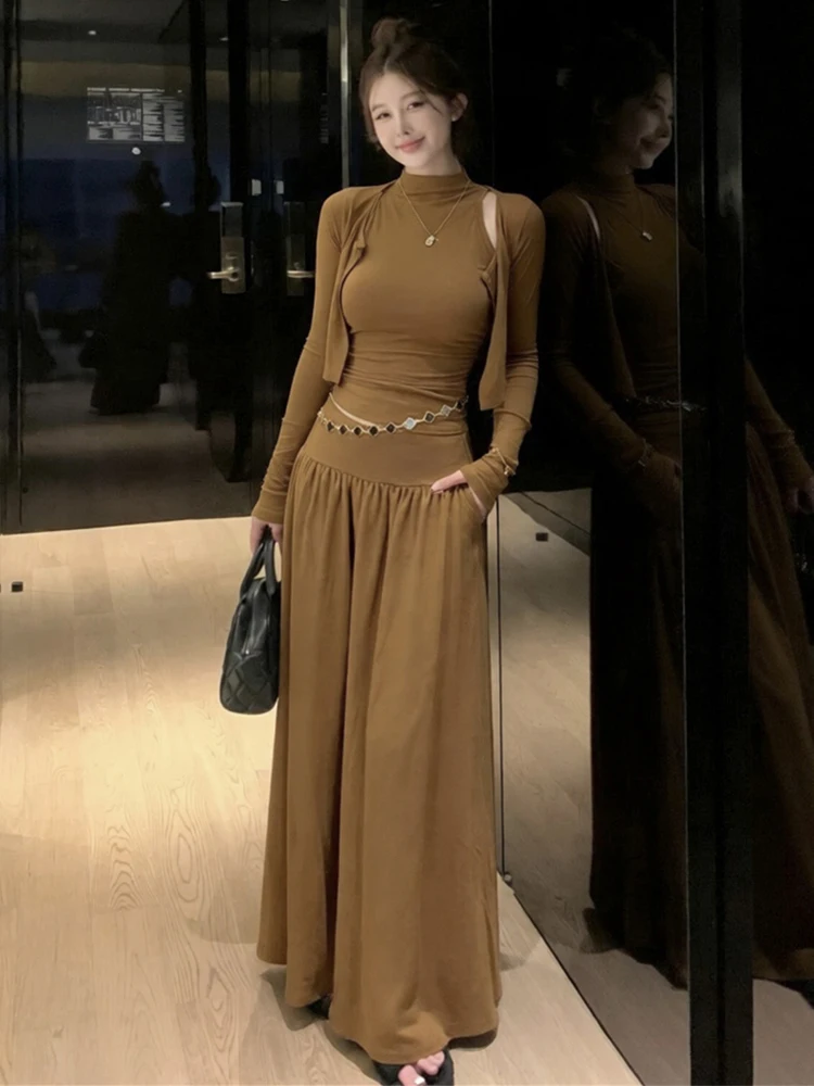 Casual Fashion Sexy Three-Piece Set Half High Collar Spicy Girl Slim Fit Base Tank Cardigan Slim Half Skirt Women's Wear