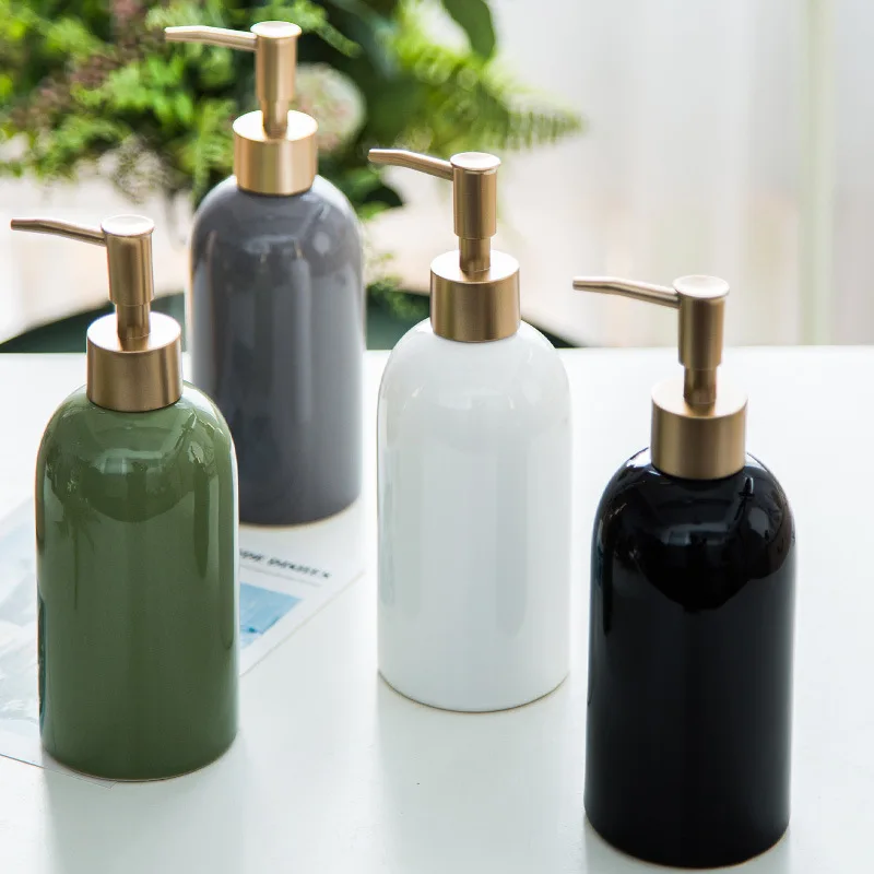 Fashionable Ceramic Soap Dispenser, Stainless Steel Gold Press Pump Refillable Hand Soap Bottle Suitable for Kitchen and Bathroo