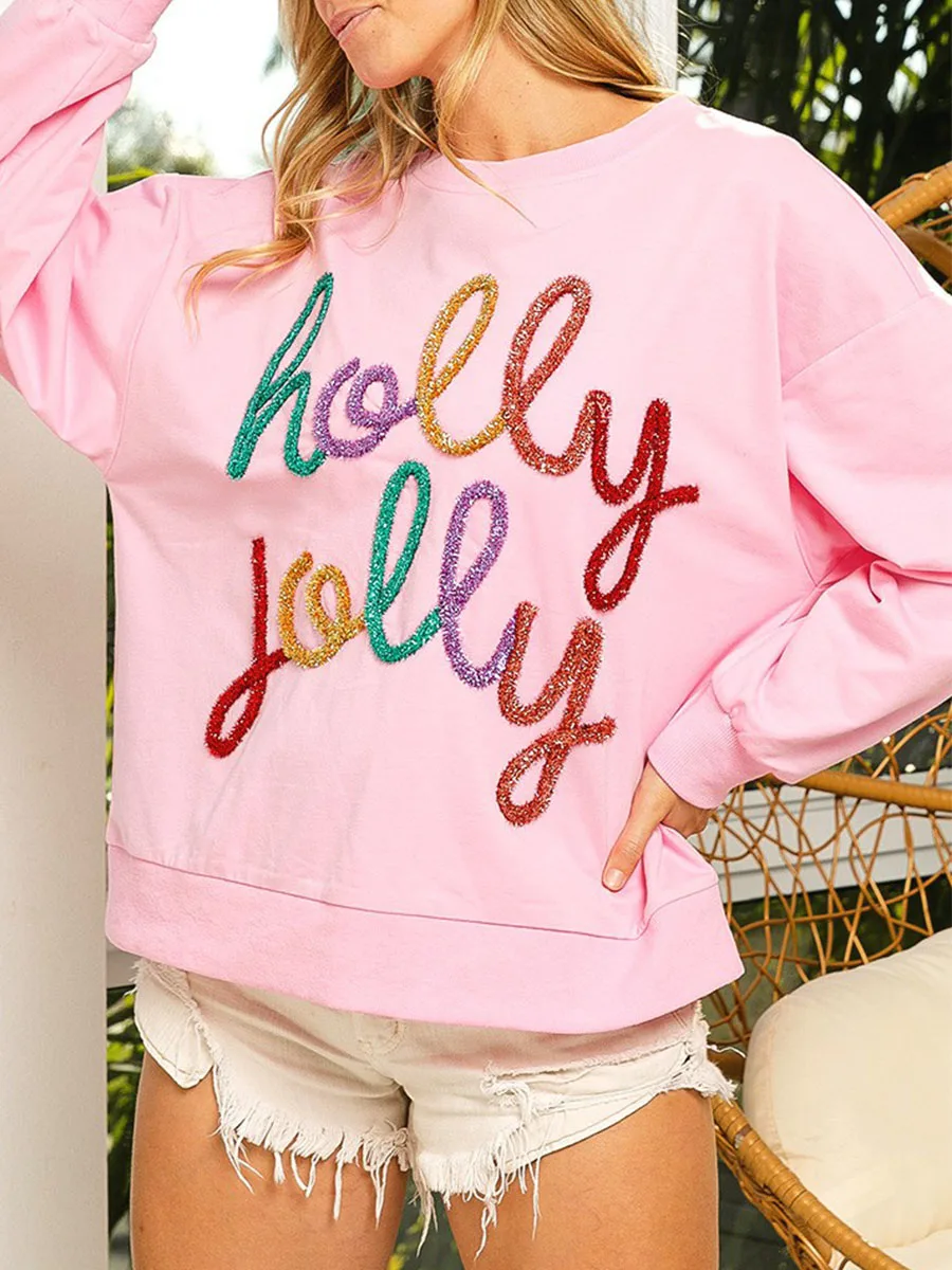 Women's Fall Christmas Pullover Sweatshirt Sequin Letter Pattern Long Sleeve Round Neck Sweatshirt Loose Tops Y2K Clothes