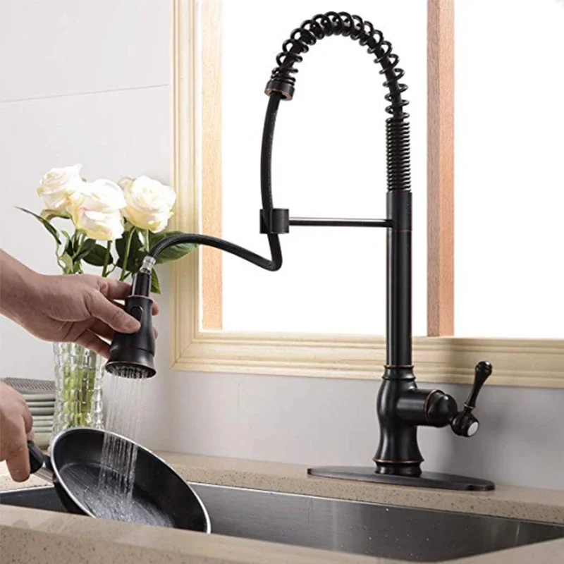 Pull-out spring 360 degree rotatable black hot and cold faucet