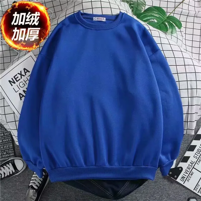 Solid color round neck sweater long sleeved 2023 autumn/winter new t-shirt loose plush bottom shirt casual top for couples