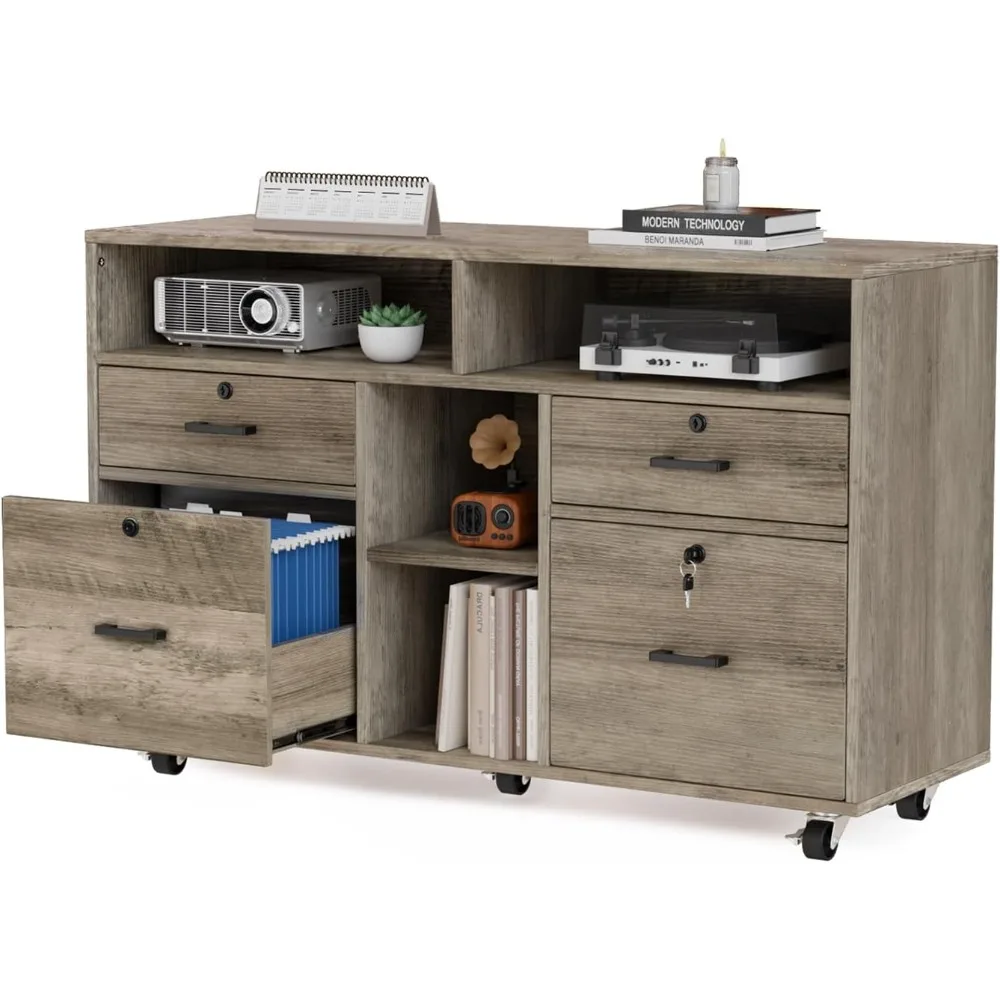 

Wide 4 Drawer File Cabinet with Lock, Rustic Grey Rolling File Cabinet with Open Shelves, Lockable Printer Stand, Letter Sized