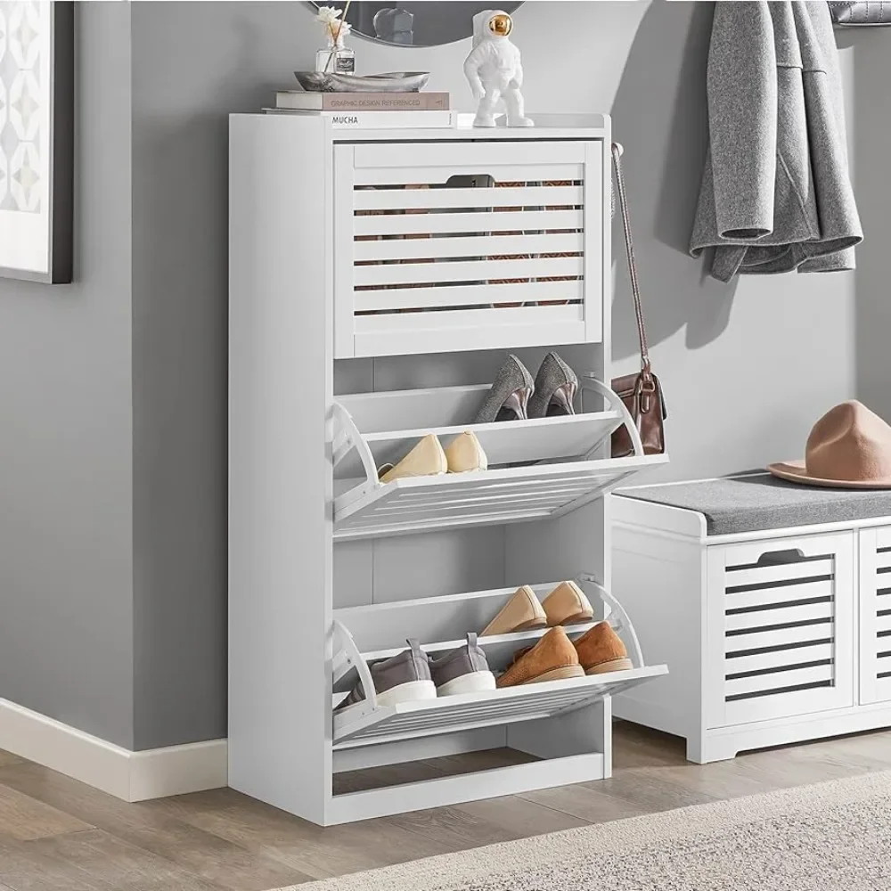 

White Shoe Cabinet With 3 Flip Drawers Freestanding Shoe Rack With Hooks Shoes Organizer Living Room Furniture Home