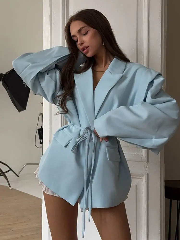 

Casual V-Ne oulder Pad Suit with Belt Original Design Lantern Sve Long Sve Coat for Commuting Personali Faion
