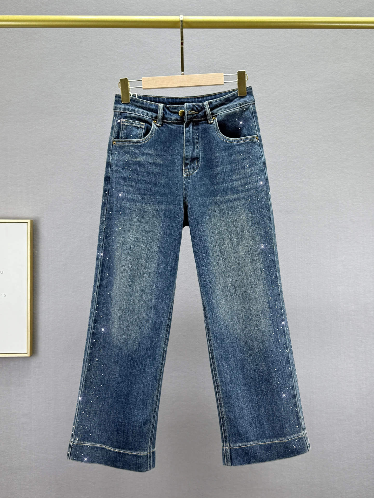 

High Waist Straight Leg Jeans Women's Autumn New Sle Loose Slimming Ins European Vintage Nine Points Diamond Embellied Jeans