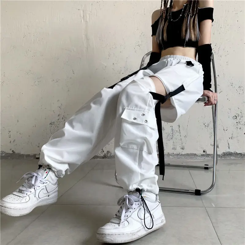 

Spring Summer Cargo Pants Women Harajuku Slim Ribbons Joggers Elastic Waist Ankle-Length Trousers For Girls