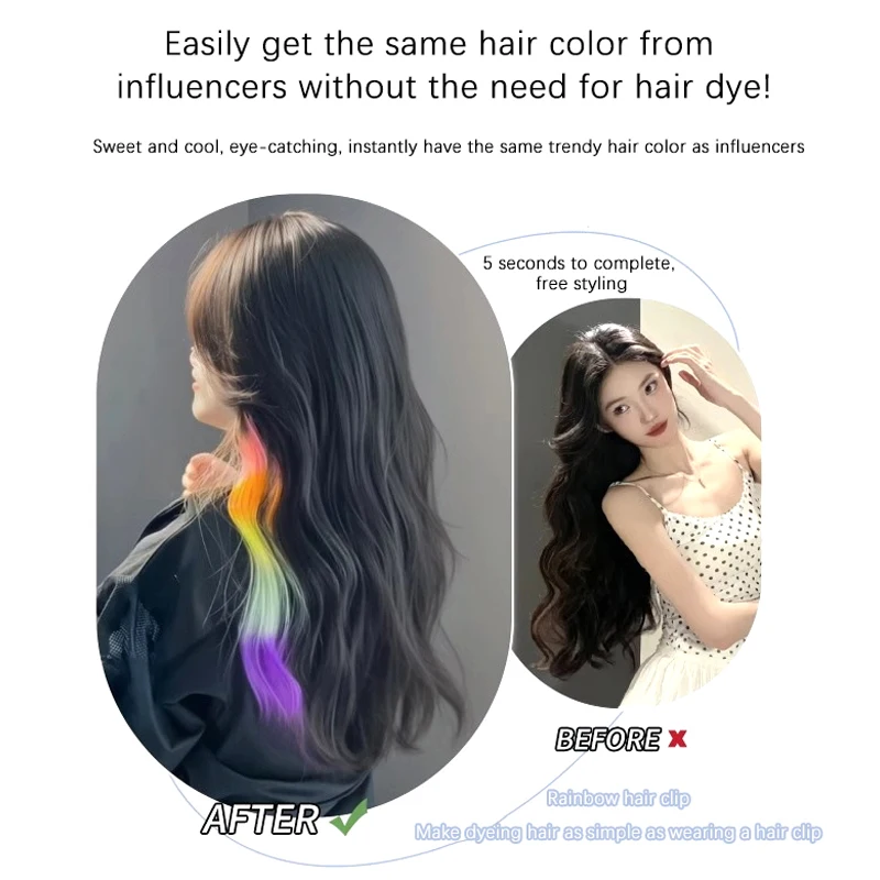 1PCS Colored Long Straihgt Curly Hair Extensions Hairpiece Hanging Ear Dyed Gradient Wig Piece Invisible Rainbow Highlights