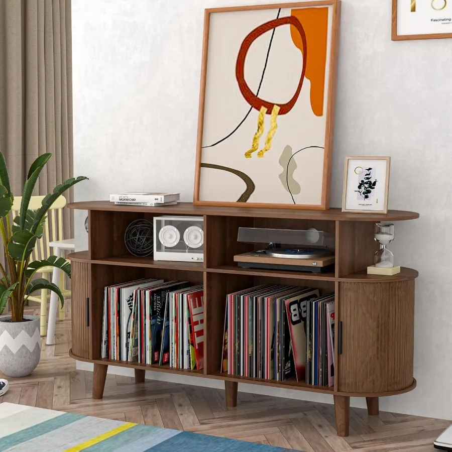 Large Walnut Record Player Stand with Charging Station MidCentury Turntable Stand Table Vinyl Record Player Storage Cabinet for