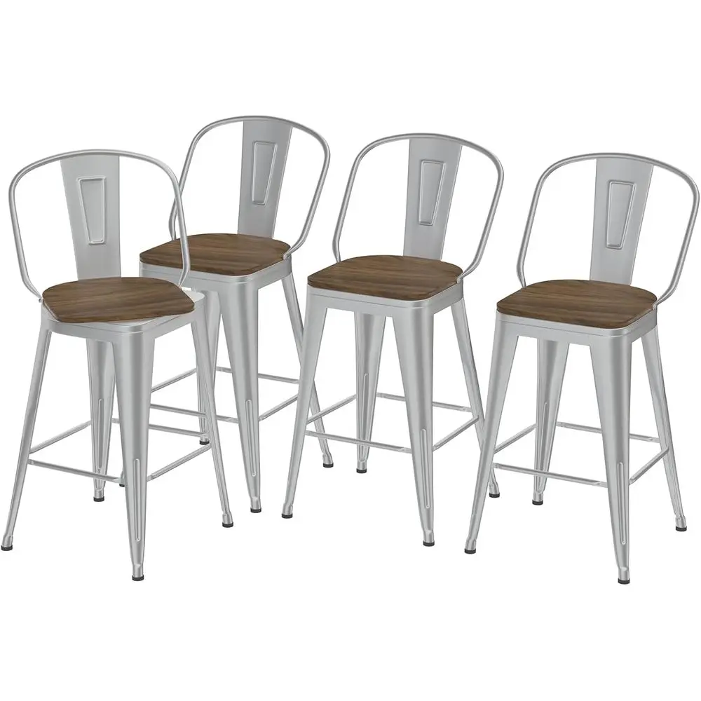 

Set of 4 Industrial Style Swivel Bar Stools with High Back, Suitable for Kitchens, Cafes, and Restaurants, Silver Metal Legs
