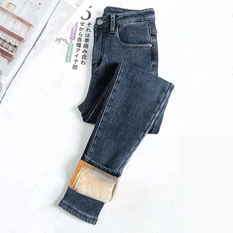 Winter Thick Female Velvet Women High Waist Skinny Jeans Simple Fleece Warm Ladies Slim Casual Denim Pencil Pants