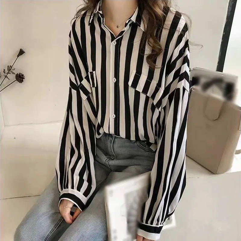 Striped Lapel Loose Casual Versatile Chiffon Long-Sleeved Shirt Sunscreen Thin Jacket Blouse