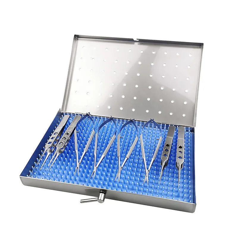 

8pcs/set Stainless Steel Ophthalmic Tools Needle Holder Micro Forceps Scissors Sterilization Box Ophthalmic Surgical Instrument