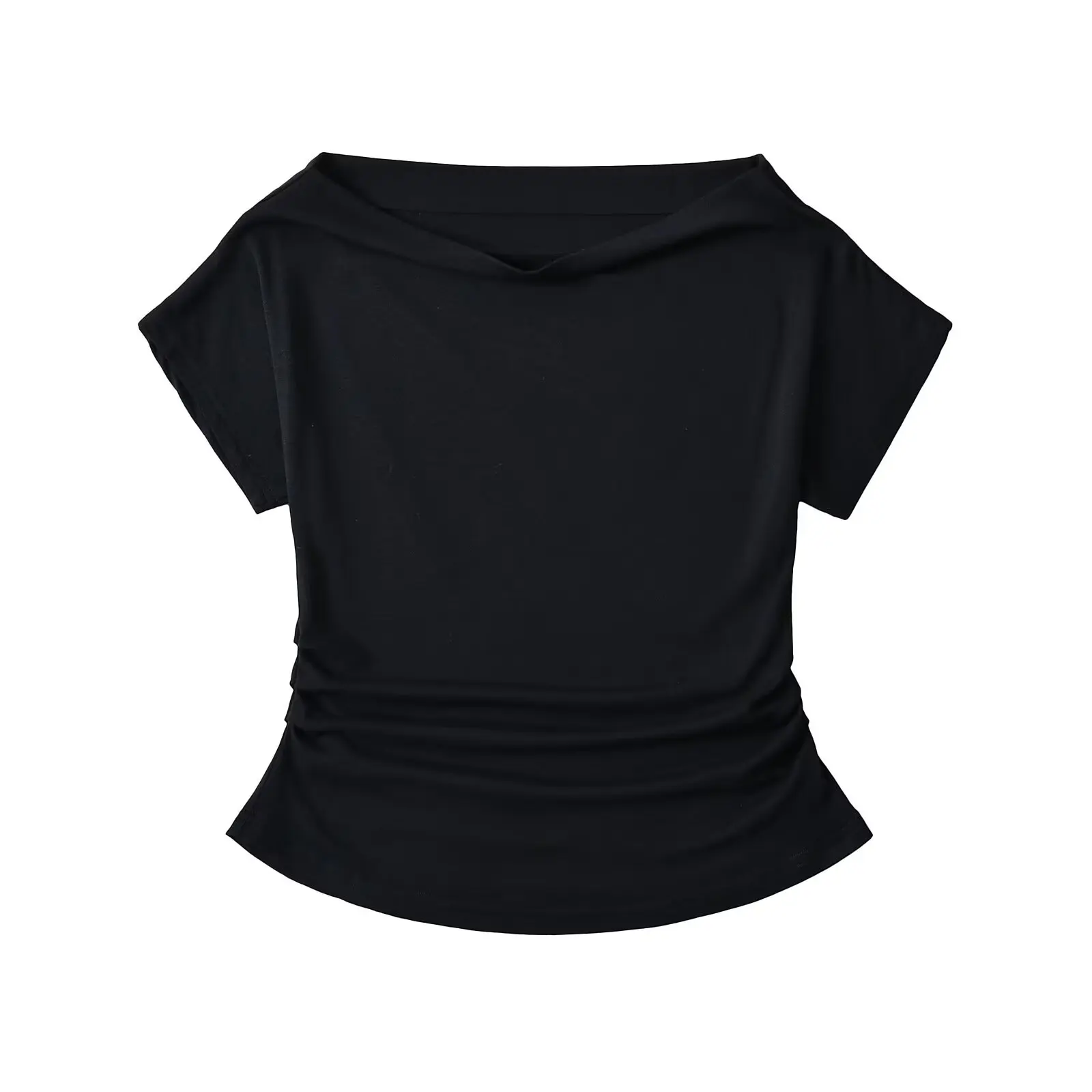 Sexy Spicy oulder Bared ort Sve T irt Women's Summer Slim Fit Pleated Waist Inward Wearing Street Sle Pure Color