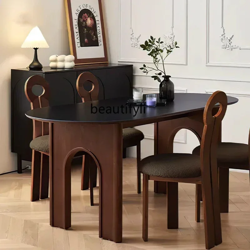 

YH55 Y French black rock slab dining table antique household ash wood solid wood oval arch dining table and chairs