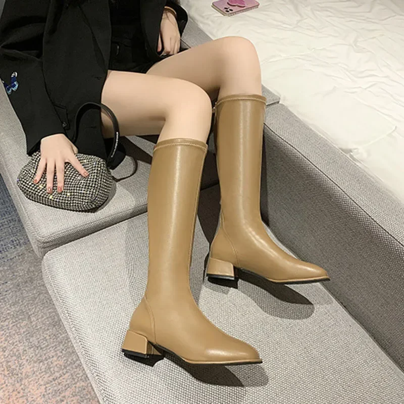 Comemore Large Size 43 Thick Low Heel Knight Knee Boots Women Elegant Shoes Plush White Autumn Winter 2023 New Leather Long Boot