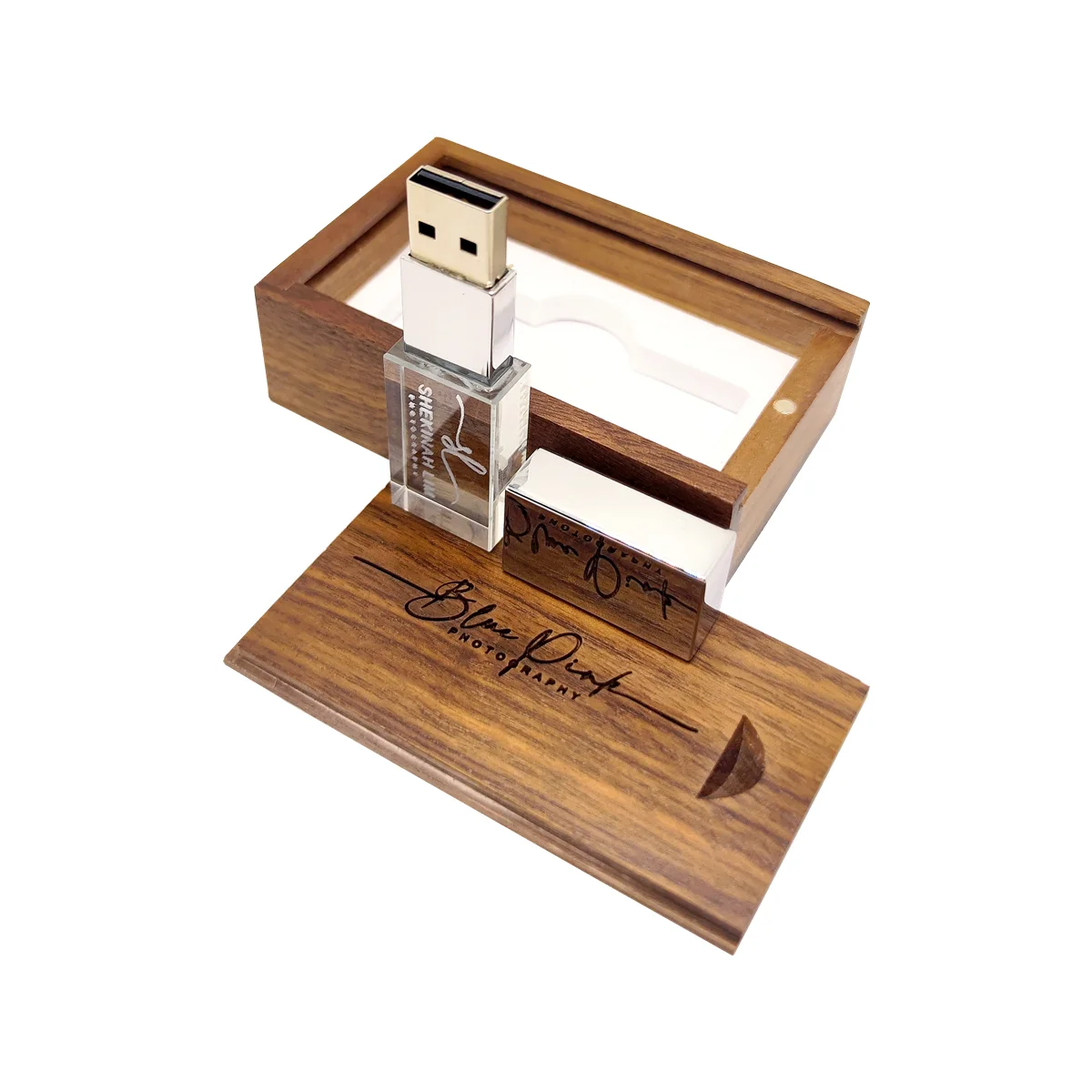 

2023 New Free Custom Studio LOGO Color Metal Crystal USB2.0 Flash Drive 4GB 8GB 32GB 64GB 128GB Stick and Walnut Box