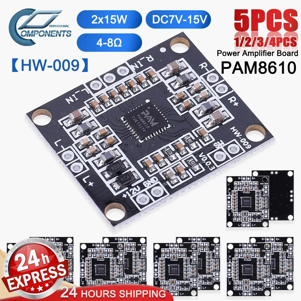 1-5 PCS HW-009 PAM8610 Stereo Mini Power Amplifier Board 2x15W DC7V-15V Compact Digital Amplifier Board Class D Dual Channel