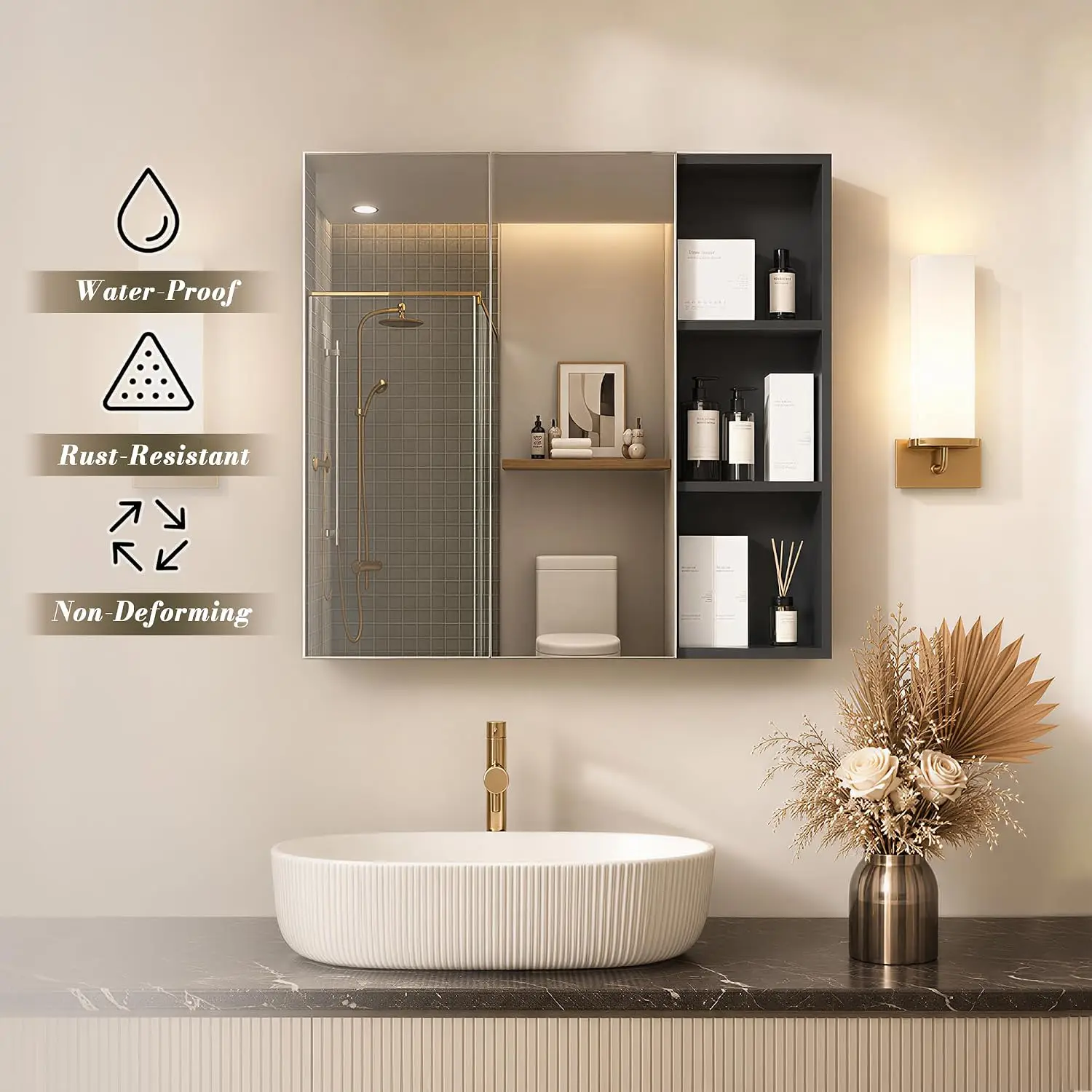 Modern Frameless Medicine Cabinet Mirror, Combined Double Doors Wall Cabinet for Bathroom with Mirrored Door,, Customized view 5