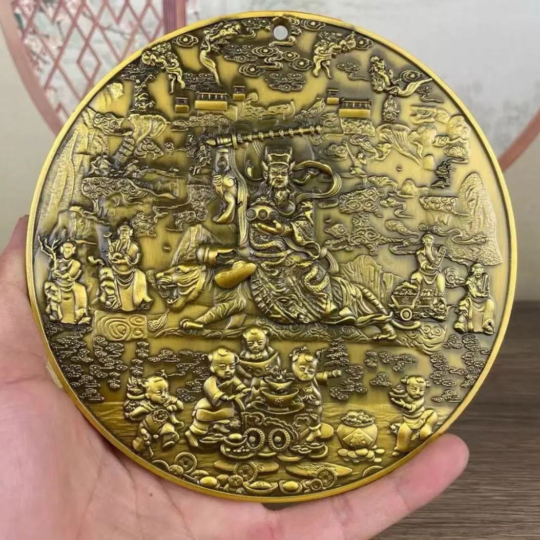 Copper alloy copper primary color five-way God of Wealth decorative plate living room wine cabinet entrance decoration ornament
