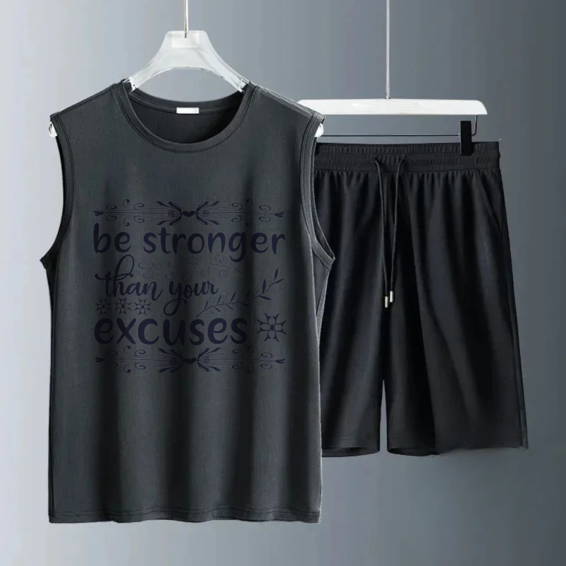 Men's vest suit Summer sleeveless printed Be Stronger tank  Tops + shorts  man fashion suits	tracksuits for man Quick drying