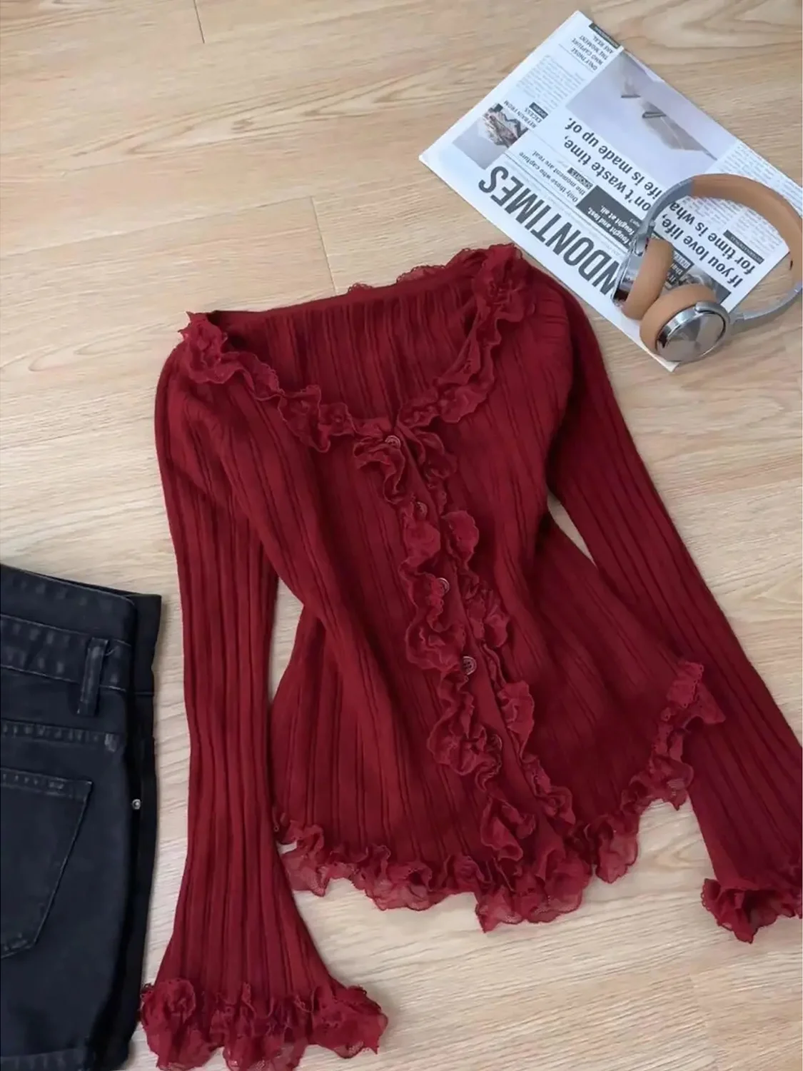 

Красный кружевной вязаный свитер в стиле ретро, женский длинный свитер для похудения Ele, осенний новый модный повседневный свитер