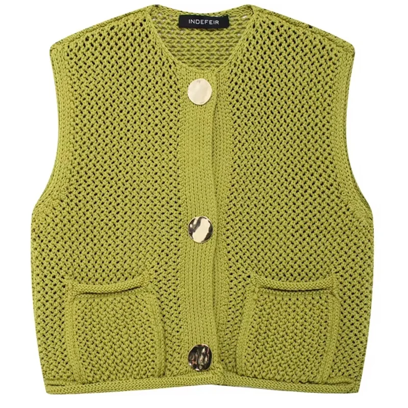 HXAO Women\'s Cropped Sweater Vests Sleeveless Knit Vest Woman Outerwears Autumn Round Neck Short Sweaters Green Navy Blue Vest