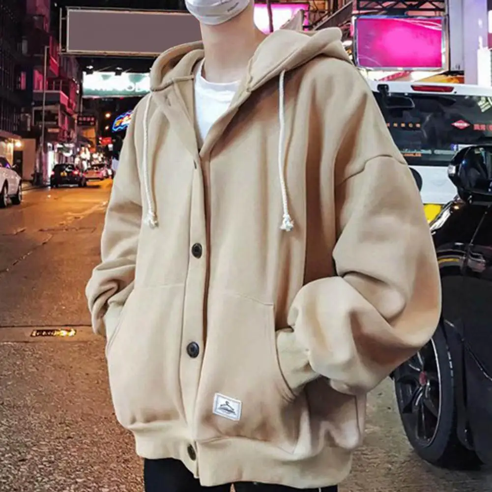 Men Winter Coat Stylish Men's Single-breasted Hooded Winter Jacket with Drawstring Pockets Warm Plush Coat for Fall Streetwear