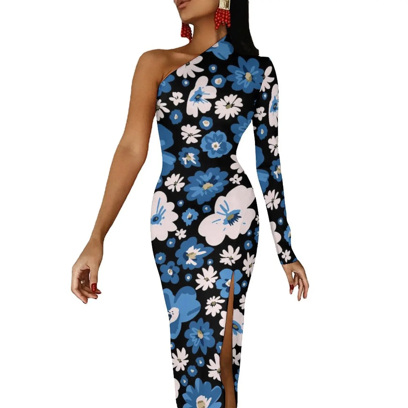 

Daisies Floral Bodycon Dress Summer Cute Flowers Print Club High Slit Long Dresses Long Sleeve Custom Street Style Dress