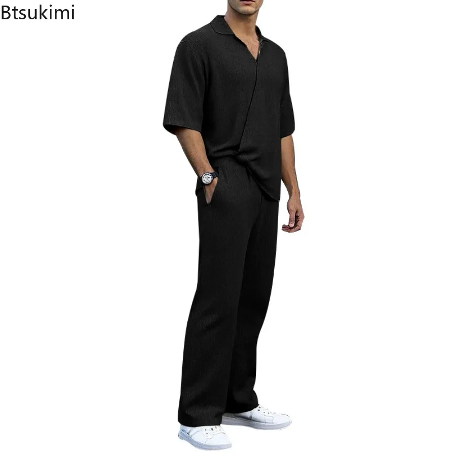 New 2025 Men's Spring Summer Retro Casual Sports Outfit Solid V-neck Half Sleeve Shirt Loose Trousers Two Pieces Beach Suit Male
