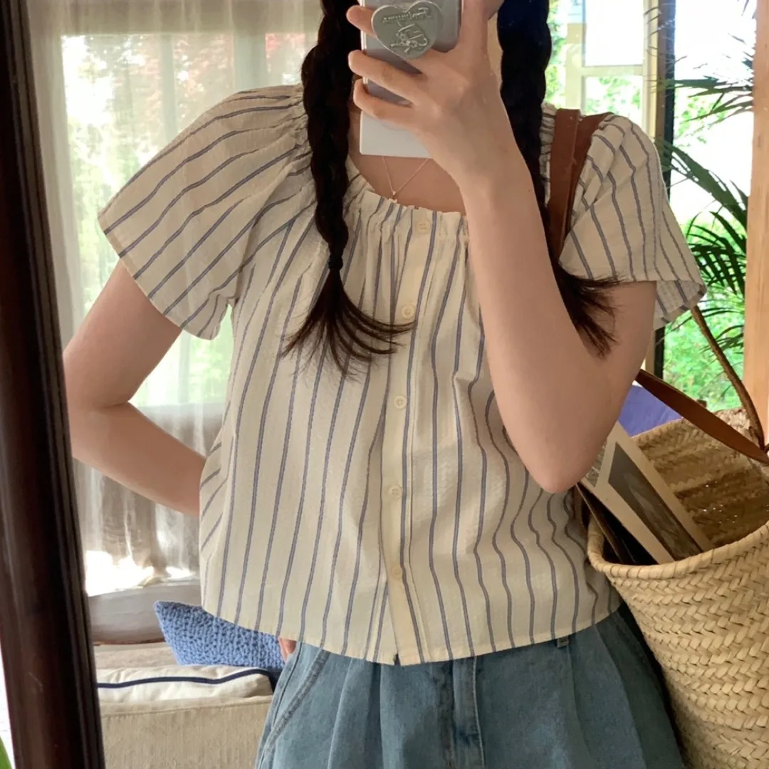 

Chic Summer Casual Stripe Shirt Women's Loose Short Sleeve round Neck Single Button Cotton Top Breathable Comfortable Short L...