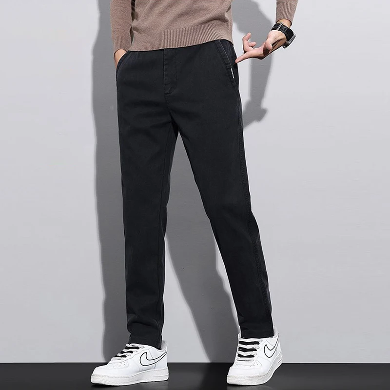 패션 남성용 신상 플리스 안감 보온 수트 팬츠 남성 스마트 캐주얼 블레이저 팬츠 미니멀리스트 루즈 스트레이트 블랙 바지