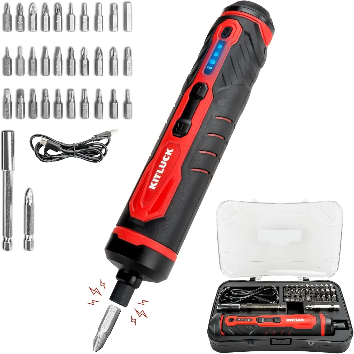 

4V Cordless Electric Screwdriver Rechargeable Set with 31 Bits & Extension Rod, 3 LED Lights, 3 Torque Settings, Magnetic Hex Chuck, Mini Power Screwdriver Kit