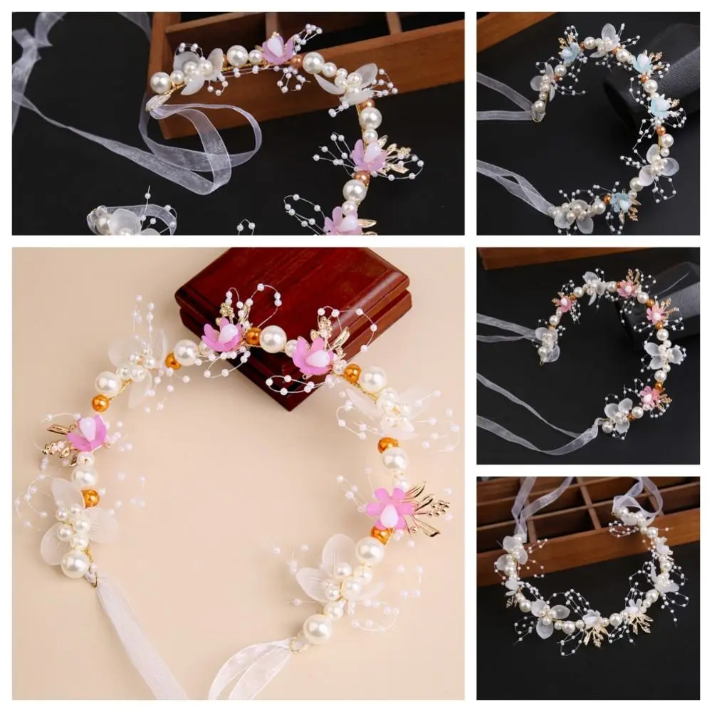 Imitated Pearl Bride Hair Jewelry Hair Ornaments Headwear Flower Hair Hoop Ribbon Headress Wedding Headwear Bridal Headwear