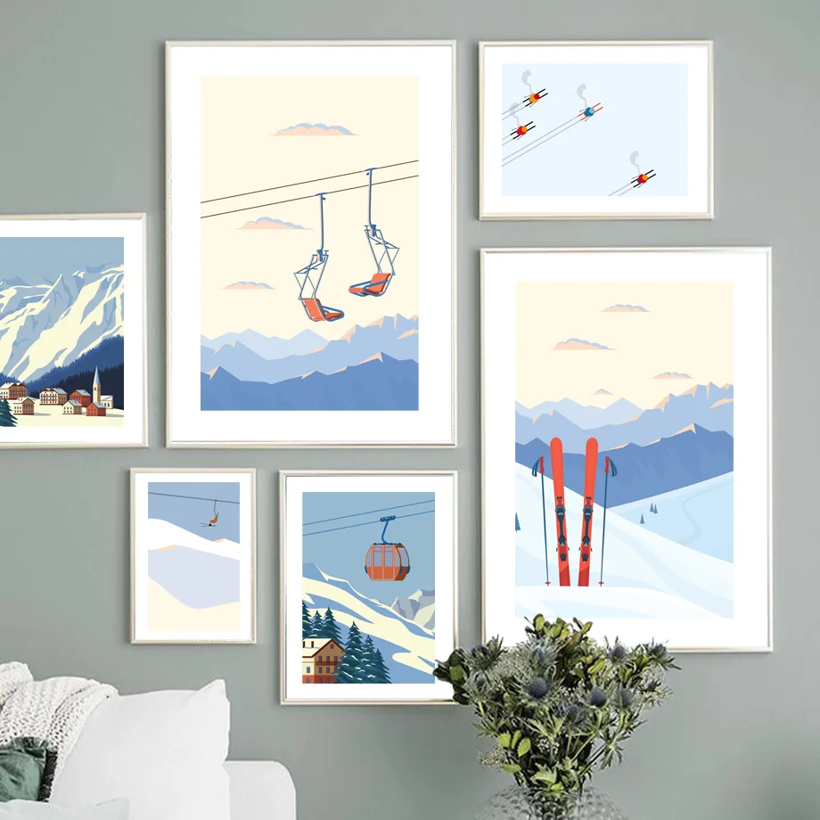 Vintage Ski Lift Snowy Christmas Winter Wall Art Canvas Painting Nordic Posters and Prints Wall Pictures for Living Room Decor