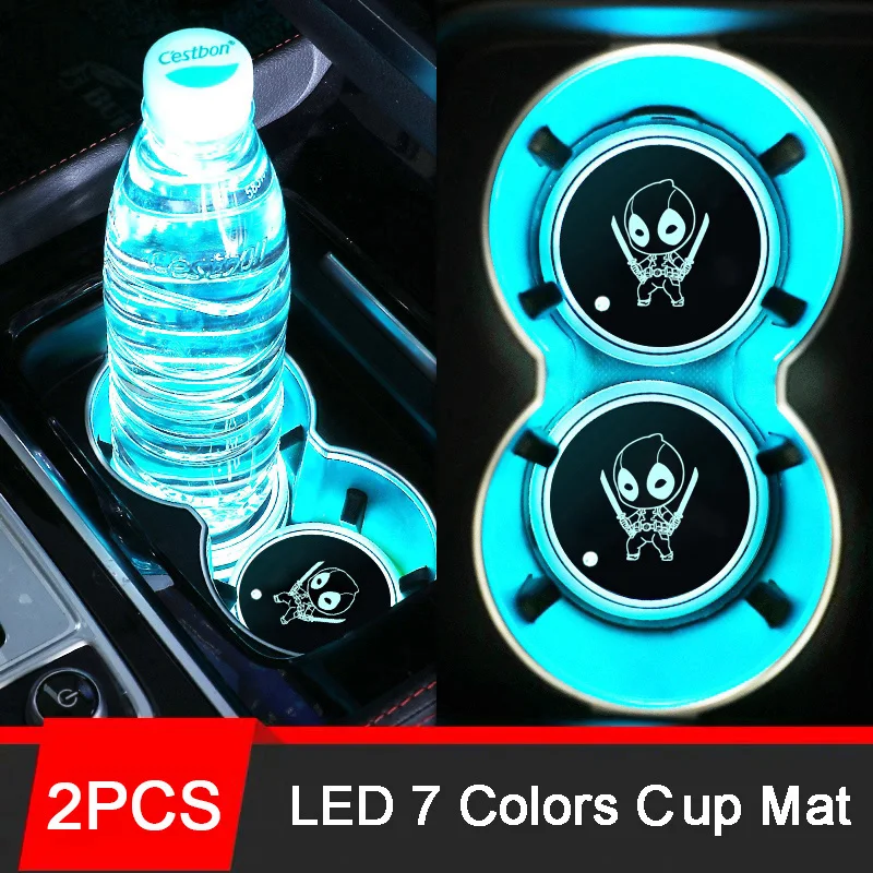 2pcs Deadpool Colorful LED Car Coaster Light Luminous Water Cup Mat for Audi BMW Mercedes Benz Subaru Mazda Skoda Suzuki SAAB