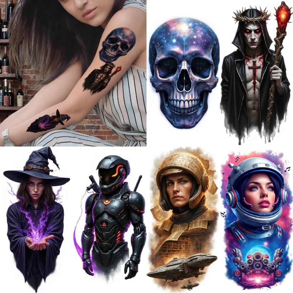 

9pcs Temporary Tattoo Hooded Figure Realistic Temporary Tattoos Futuristic Soldier Skull Universe For Thighs Shoulders Back