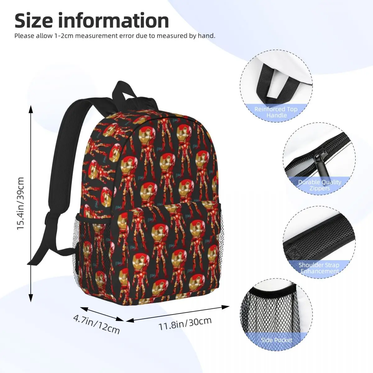 Iron Man Compact 15-Inch Backpack - Stylish Lightweight Bag Perfect for Students and Commuters